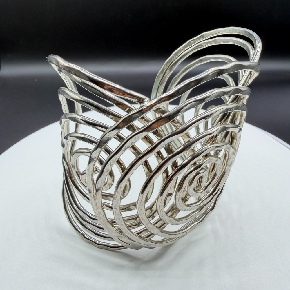 Silver Tone Wide Spiral Cuff Bracelet Hammered Openwork Boho Festival Statement